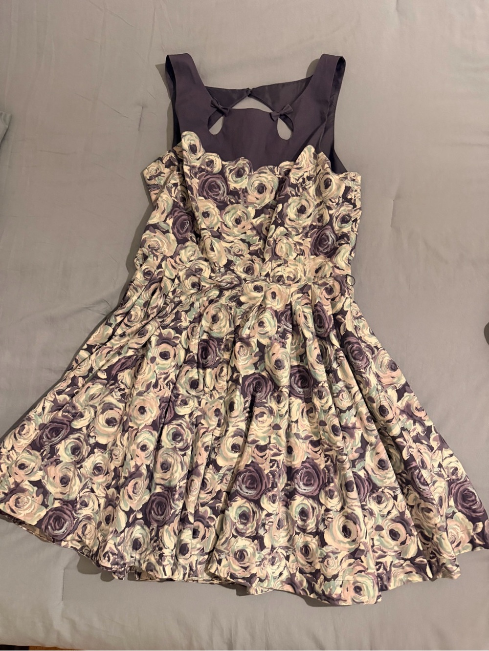 LC Lauren Conrad Purple and Cream Floral Fit-and-Flare Dress with Keyhole Back